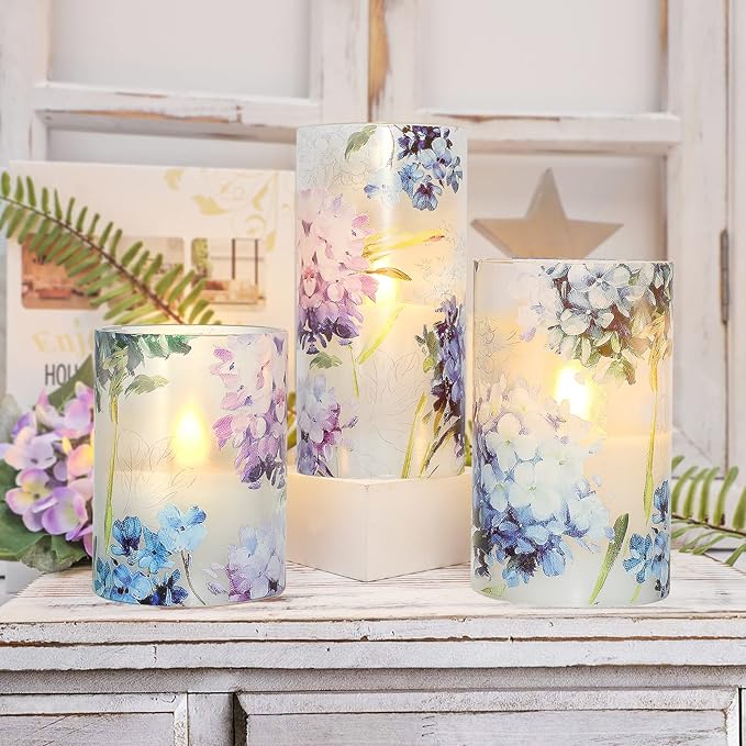 Blue Violet Hydrangea Flameless Candles LED Flicker with Remote DIM Love Theme Summer Spring Decorative Glass Decor Wedding Date Proposal Dinner Table Home Gift for Lover