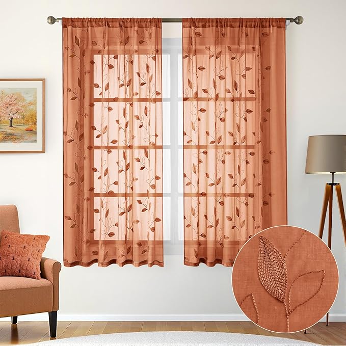 HOMEIDEAS Fall Burnt Orange Sheer Curtains 63 Inches Length 2 Panels Embroidered Floral Pattern Semi Sheer Window Curtains for Bedroom Living Room