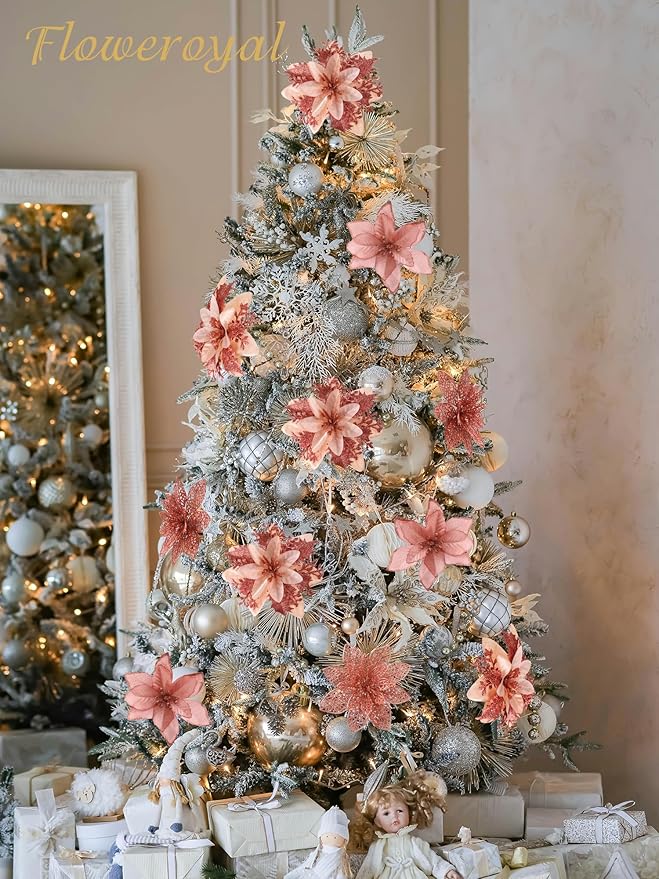 Floweroyal 30pcs Poinsettia Artificial Christmas Flowers Decorations with Clips and Berry Stems Glitter Ornaments for Christmas Tree Wreath Fireplace Stairs Decor (Rose Gold-3 Styles)