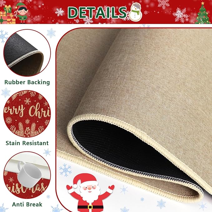 Christmas Red Holly Pine Kitchen Rugs and Mats Non Skid Washable Set of 2, Branches Leaves Xmas Kitchen Mats for Floor Decor