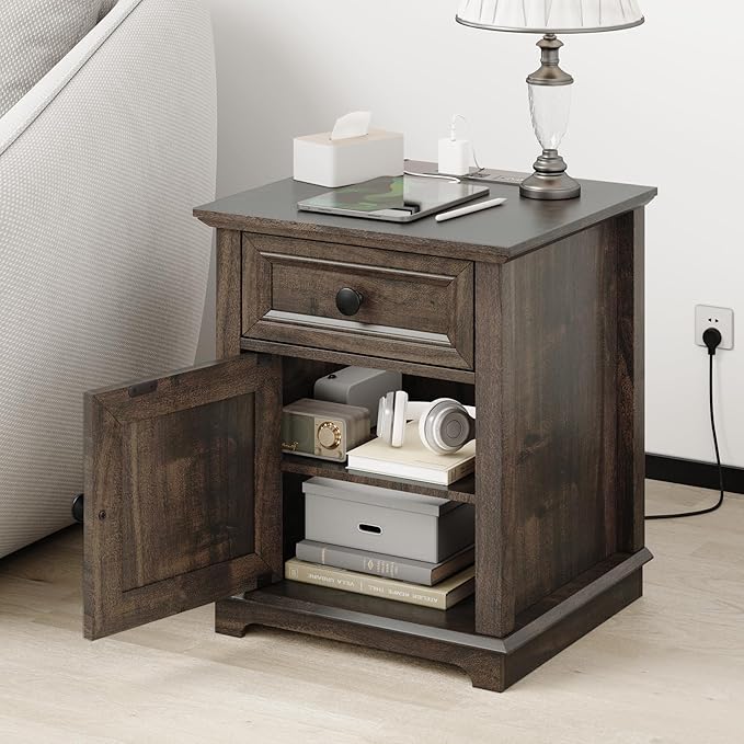 End Tables with Fast-Charge Sets, Side Tables with Drawers, Storage Side Tables Living Room, Adjustable Shelf, Bedroom Nightstands Set of 2, Rustic Brown