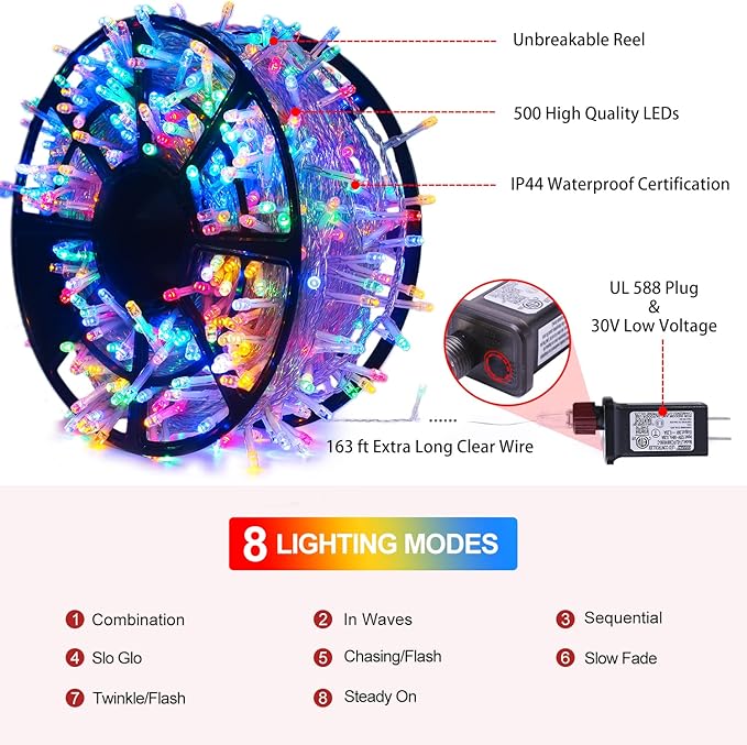 JMEXSUSS 163ft 500 LED Christmas Lights Outdoor, Waterproof Clear Wire String Light, 8 Modes Christmas Tree Lights Plug in for Patio Wedding Party Yard Xmas Tree Decor(Multicolor)