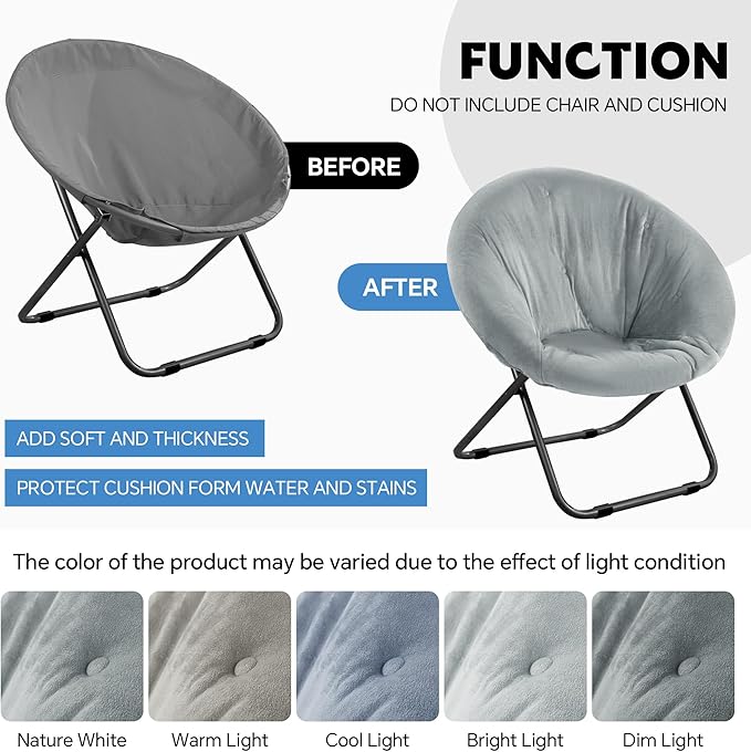 HOMBYS Extra Thick Saucer Chair Cushion Cover for Adults - Furry and Soft Round Moon Chair Cover for Indoor & Outdoor Use, Stretch and Elastic Closure, Removable and Machine Washable, Dark Gray