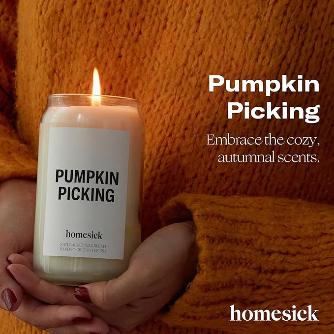 Homesick Scented Candles for Home (Pumpkin Picking) - 13.75 oz Natural Long-Lasting Soy Wax Blend Jar Candle Gifts for Women & Men, 60-80 Hours Burn Time - Notes of Pumpkin, Nutmeg & Ginger
