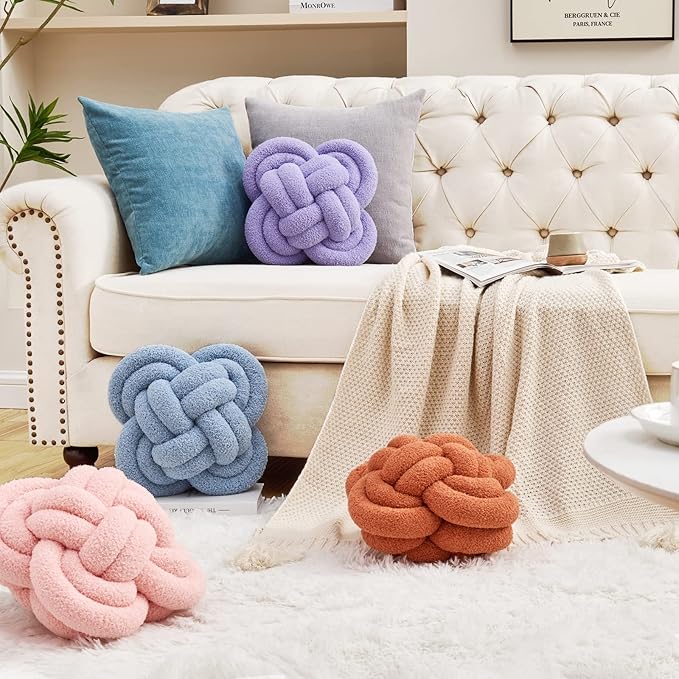 Xiashrk Knot Pillow Ball, 12" Soft Decorative Throw Pillows for Couch Bed, Purple Knotted Plush Throw Pillow Handmade Square Cushion Home Couch Decor Pillows for Living Room