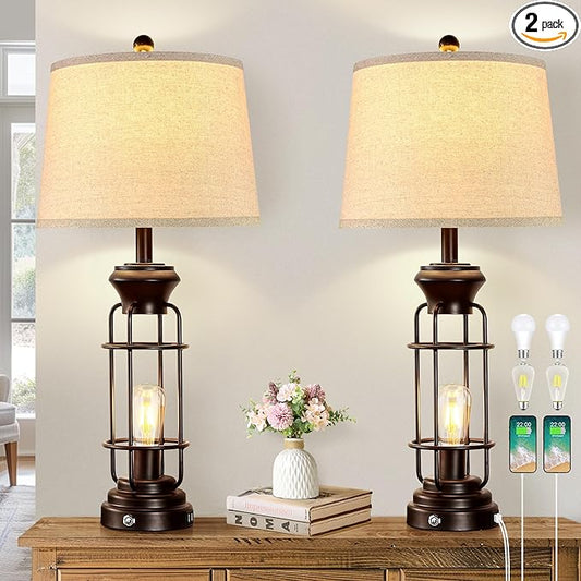 28.5" Farmhouse Lamps for Bedrooms Set of 2, Tall Table Lamps for Living Room with Dual USB Charging Port, Oil Rubbed Bronze Table Lamp with White Oatmeal Shade, Bulbs Included