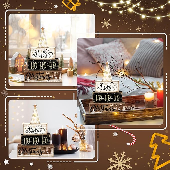 Britimes 4 Pcs Christmas Tiered Tray Decorations Set Believe HO-HO-HO Merry Christmas Reindeer Stack Block Signs Neutral Rustic Holiday Decor (Neutral HO-HO)