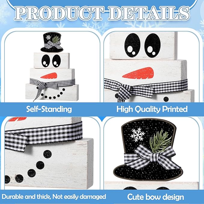 4 Pcs Snowman Christmas Decor Winter Table Decoration Christmas Tiered Tray Decor Rustic Snowman Face Wood Block Sign Gift Winter Centerpiece Farmhouse for Home Tabletop Office Kitchen