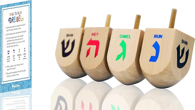 The Dreidel Company Hanukkah Dreidel 24 Extra Large 3" Inch Wooden Dreidels Hand Painted - Includes Game Instruction Cards (24-Pack XL Dreidels)