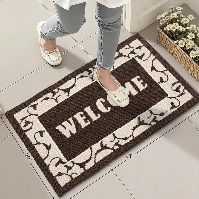 20"x32" Thick Entryway Indoor Mat, Dirt Trapping Door Mat, Americana Feel Hooked Rug, Heavy Duty Door Mat Outside Entrance, Shoe Scraper, Welcome Mat for Front & Back Door, Brown
