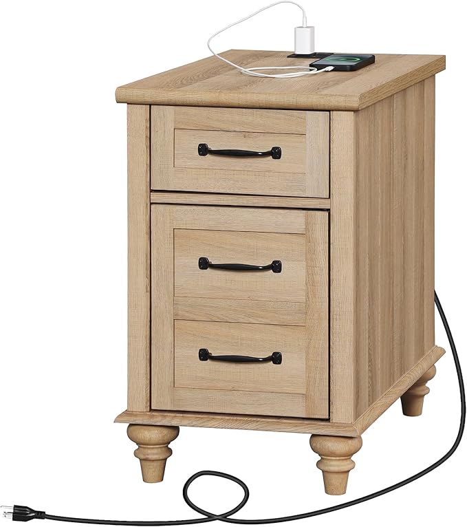 WAMPAT Farmhouse End Table with Charging Station, Light Wood Sofa Side Table with Storage Cabinet, Narrow Night Stand Bedside Table with Drawer for Living Room, Bedroom, Oak