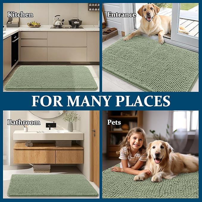 OLANLY Dog Door Mat Set 4-Piece 24x16, Absorbs Moisture and Dirt, Absorbent Non-Slip Washable Doormat, Quick Dry Chenille Mud Mat for Dogs, Entry Indoor Entryway Carpet for Inside Floor, Sage Green