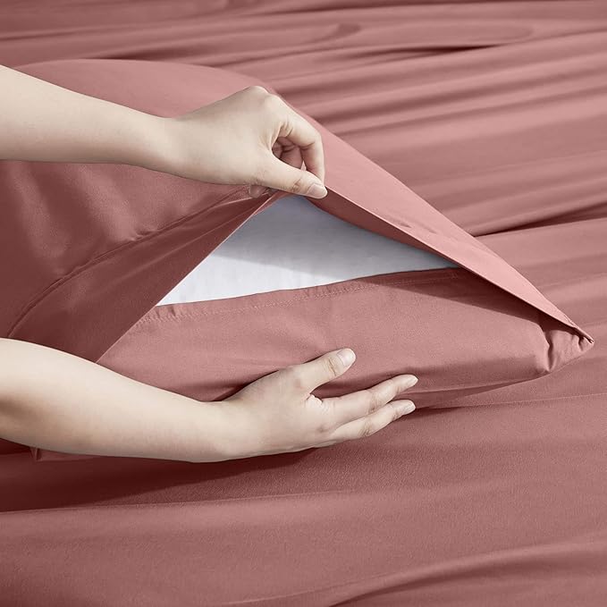 Nestl Extra Deep Split King Sheet Set - 7 Piece Breathable & Cooling Sheets - Hotel Luxury Bedding Set w/18-24 Inch Deep Pockets - Easy & Secure Fit - Super Soft, Wrinkle Free & Comfy - Pink Clay