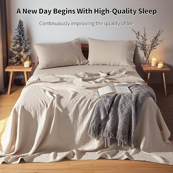 LBRO2M 100% Linen Sheet Set 19" Deep Pocket King Size,Bed Sheets 4 Piece Sets,Solid Color Natural Flax Bed Sheets Soft Breathable Bedding, All Season (King, Linen)