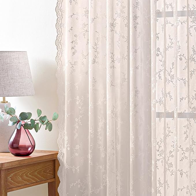 Sheer Lace Curtains 72 Inches Long, Vintage Floral Light Filtering Blush Pink Lace Curtains for Living Room & Bedroom, Rod Pocket, 2 Panels Set, Branch Pattern (Blush Pink, 52" W x 72" L)