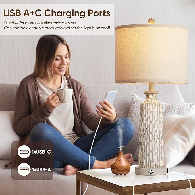 QiMH Table Lamp for Living Room with USB A+C Ports, Farmhouse Bedside Lamps for Bedroom Set of 2, Touch Control 3-Way Dimmable, 26" Modern Off-White Resin Nightstand Lamp, Included 2700K LED Bulbs