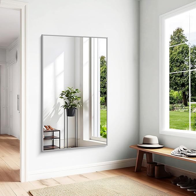 KOCUUY Large Silver Bathroom Mirror, 60x36 inch Rectangular Mirror for Bathroom Sink, Oversized Mirror with Metal Brushed Nickel Frame for Living Room, Farmhouse, Entryway, Hang Horizontal/Vertical