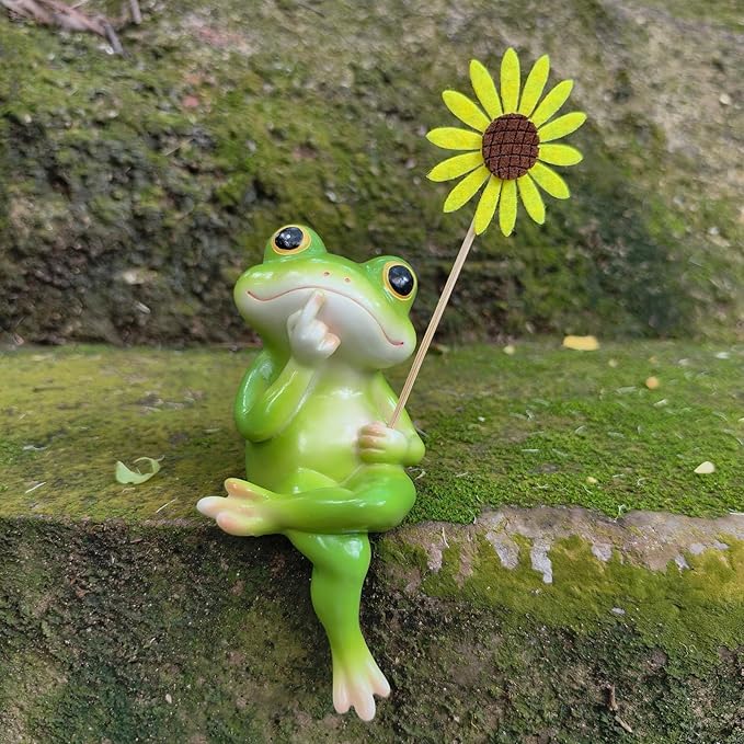 Frog Figurine Garden Decor for Outside, Frogs Statue Plant Decorations for Pots, Fairy Garden Figurines for Lawn Ornaments, Yard Decorations Outdoor, Frog Gifts for Women (1, Flower Frog)