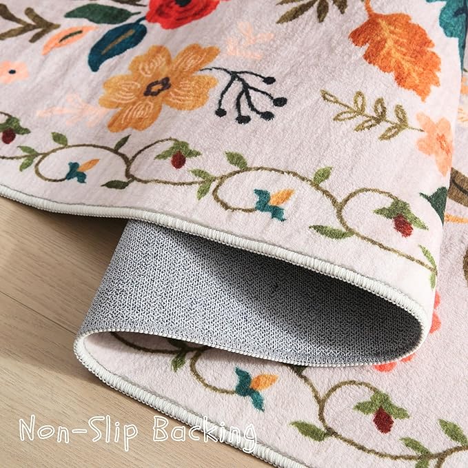 Rugcomf Bedroom Rug 3x5 Rug Washable Area Rug Non Slip Low Pile Boho Floral Small Carpet for Bedroom, Bedside, Kitchen, Entryway, Kids Room, Office, College Dorm Essentials for Girls(Beige)