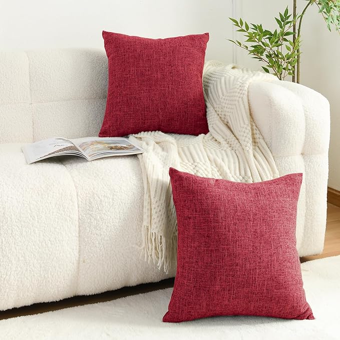JIUZHEN 20x20 Inch Red Faux Linen Christmas Pillow Covers Set of 2, Holiday Festive Decorative Cushion Covers for Sofa Bed, Soft Washable Zippered Pillowcase