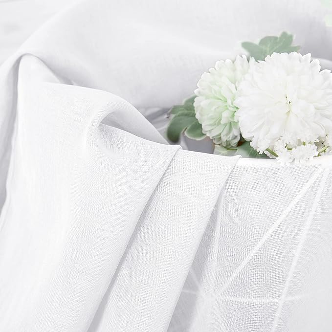 Tollpiz Short Sheer Curtains Linen Textured Living Room Curtain Sheers Light Filtering Rod Pocket Voile Curtains for Bedroom, 42 x 45 inches Long, White, Set of 2 Panels