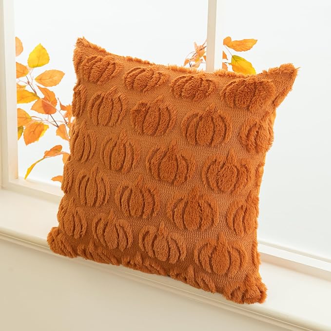 Pumpkin Fall Decorative Throw Pillow Covers 18"x18", Set of 2 Orange Soft Faux Fur Pillow Covers for Autumn Harvest, Fluffy Plush Accent Pillow Cases for Farmhouse Couch Cushion Covers