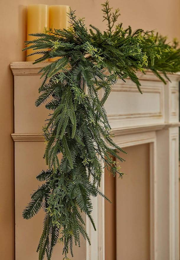 9ft Handmade Christmas Garland,Artificial Cypress Cedar Pine Needles Greenery Seasonal Garland for Christmas Fireplace Winter Holiday Indoor Outdoor Decoration