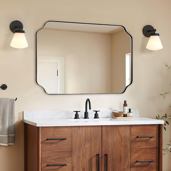 Black Scalloped Bathroom Mirrors for Wall, 30"x40" Unique Rounded Notched Corner Rectangle Mirrors for Bathroom in 1'' Metall Frame Wall Mounted Vertically/Horizontally for Home Decor