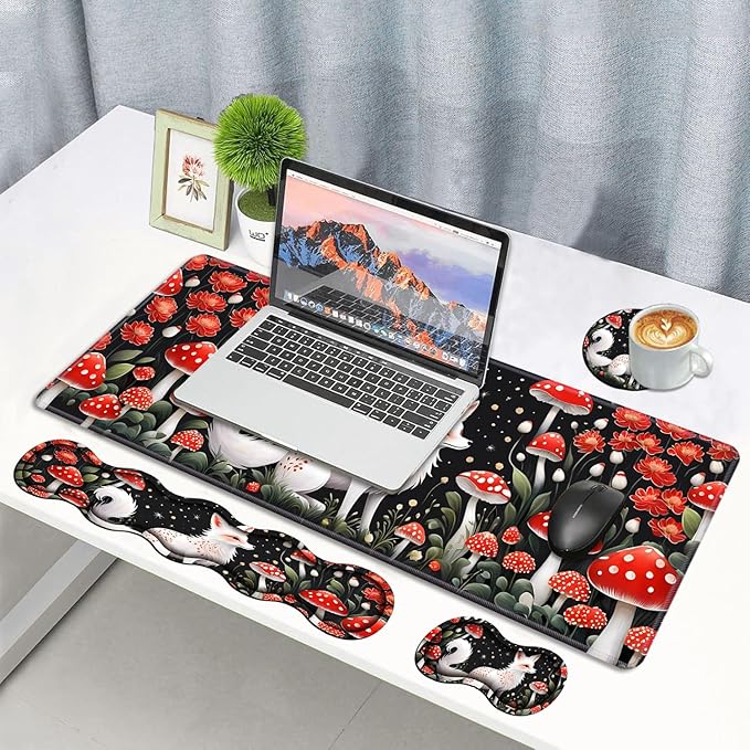 4 in 1 Ergonomic Memory Foam Mouse Pad Wrist Rest Set, Large XXL Gaming Desk Pad + Keyboard Wrist Rest + Mouse Wrist Cushion + Coaster for Home Office Study Gaming, White Fox Mushroom