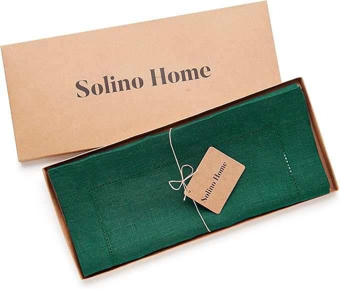 Solino Home Linen Rainforest Green Table Runner 132 Inches Long - 100% Pure Linen Extra Long Table Runner 14 x 132 Inch for Fall, Autumn, Thanksgiving - Classic Hemstitch