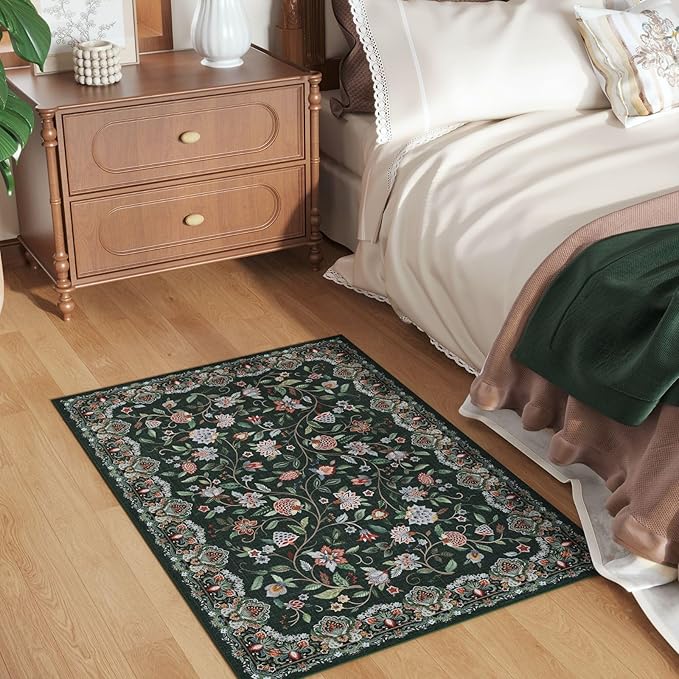 Rugcomf 2'x3' Entryway Rug - Paisley Pattern, Door Mat Indoor Entrance, Floral Vintage, Machine Washable, Non-Slip Low Pile Area Rug for Kitchen, Front Door, Kids Room - Green