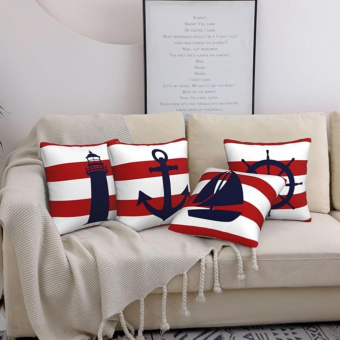 Set of 4 Summer Beach Throw Pillow Covers 18x18 Red and White Stripe Coastal Ocean Anchor Pillow Cover Couch Decorative Outdoor Square Pillow Cushion Cases for Living Room Sofa Bed Home Decor