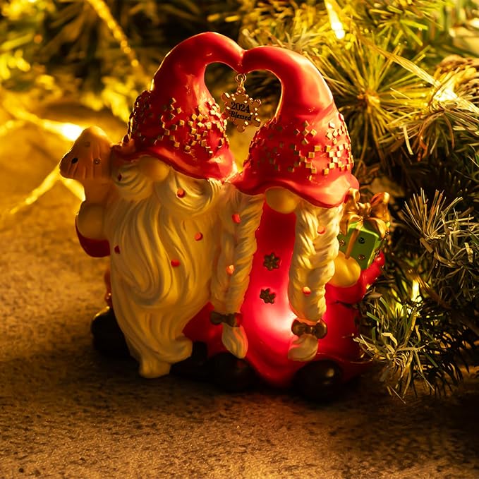 Christmas Decor Snowman Figurines Resin Lighted Indoor Ornaments Holiday Tree Festive Decorations Light Up New Year Gift Decoration for Table (Gnome Couple)