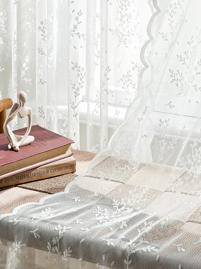 Sheer Lace Curtains 63 Inches Long, Vintage Floral Light Filtering Ivory Lace Curtains for Living Room & Bedroom, Rod Pocket, 2 Panels Set, Sprig Pattern (Ivory, 52" W x 63" L)