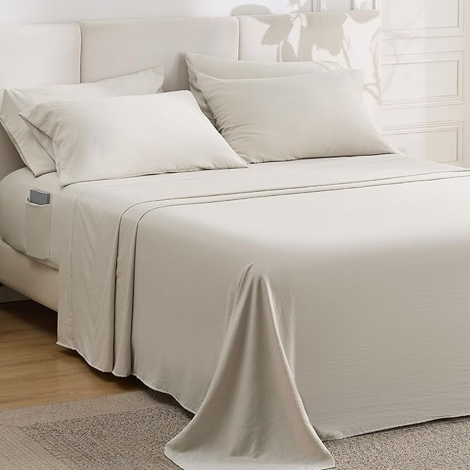 Bedsure Deep Pocket King Sheet Set - 6 Piece, Prewashed Ultra-Soft King Size Sheets Set, Fits Mattresses Up to 18 Inches Thick, Breathable & Secure Fit, Hotel Luxury Bedding, Linen