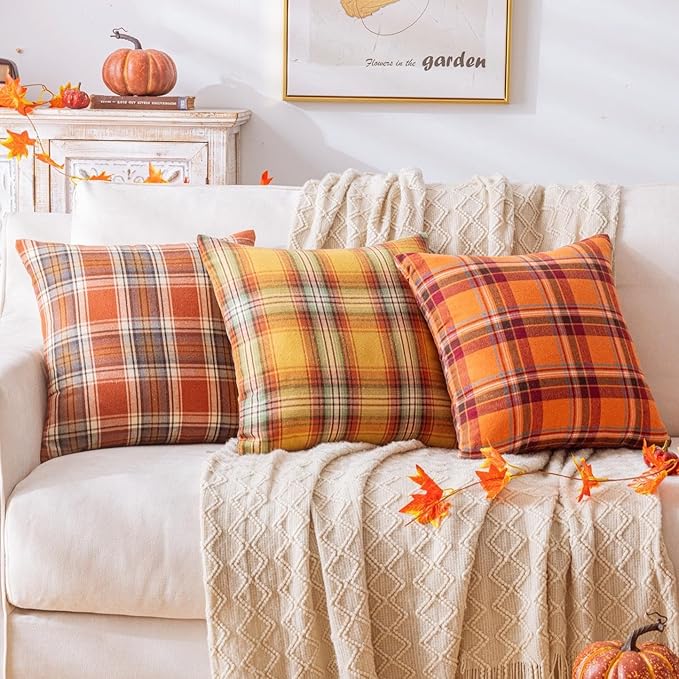 Fall Plaid Orange Red Throw Pillow Covers 18x18 Inch, Set of 2 Autumn Decorative Throw Pillows for Couch Sofa Bed Living Room Home Decor, Accent Pillow Cases for Farmhouse Couch Cushion Covers