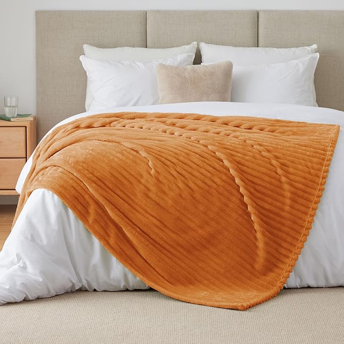 BEDELITE Fall Throw Blanket for Couch - 300GSM Soft & Warm Fluffy Fleece Blanket, Decorative and Giftable Burnt Orange Striped Blankets for Women, Men, 50"x60"