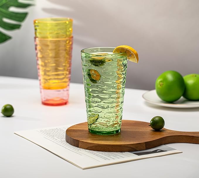 20-ounce Plastic Tumblers, Acrylic Drinking Glasses High-Balls, set of 6 Green Reusable Plastic Cups, Stackable, BPA-Free, Shatter-Proof, Dishwasher-Safe