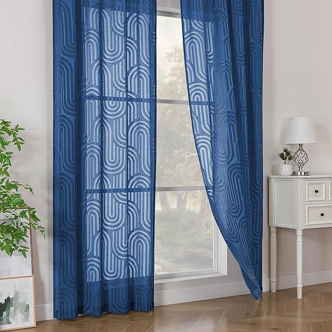 Simplebrand Sheer Dusty Blue Curtains, Kitchen & Bathroom, 42W x 36L Inches, 2 Panels Set, Modern Rod Pocket, Semi-Sheer, Geometric Jacquard