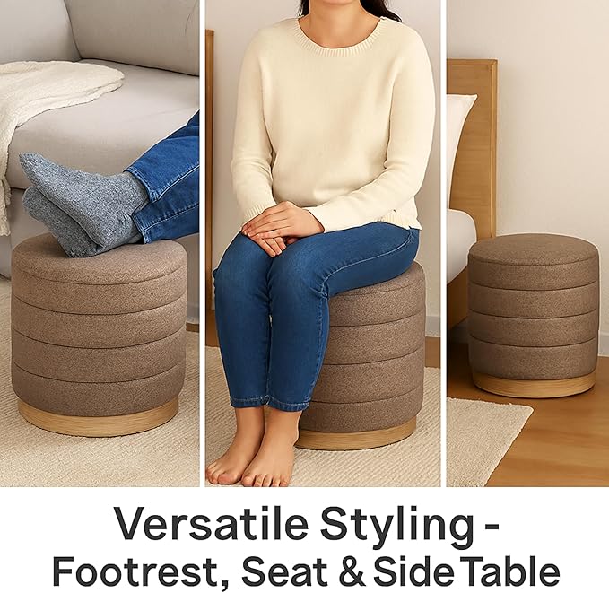 Round Ottoman with Storage โ Elegant Durable Linen Upholstered Footrest Bench for Living Room, Cylinder Vanity Stool โ Brown