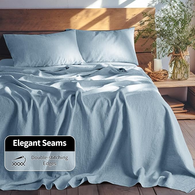 LBRO2M 100% Linen Sheet Set Full Size,Bed Sheets 4 Piece Sets,Solid Color Natural Flax Bed Sheets Soft Breathable Bedding,16" Deep Pocket,All Season (Full, Dusty Blue)