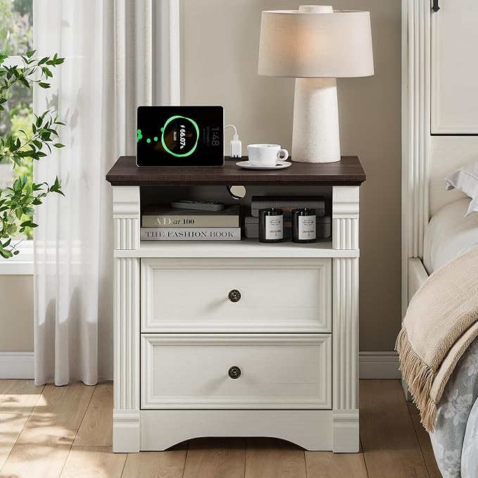 Yaamizz Farmhouse Nightstands with Charging Station, Table with Drawer and Storage Shelf, Wood Pilasters and Metal Handles, Vintage Design, Organizer for Bedroom, Hallway, White