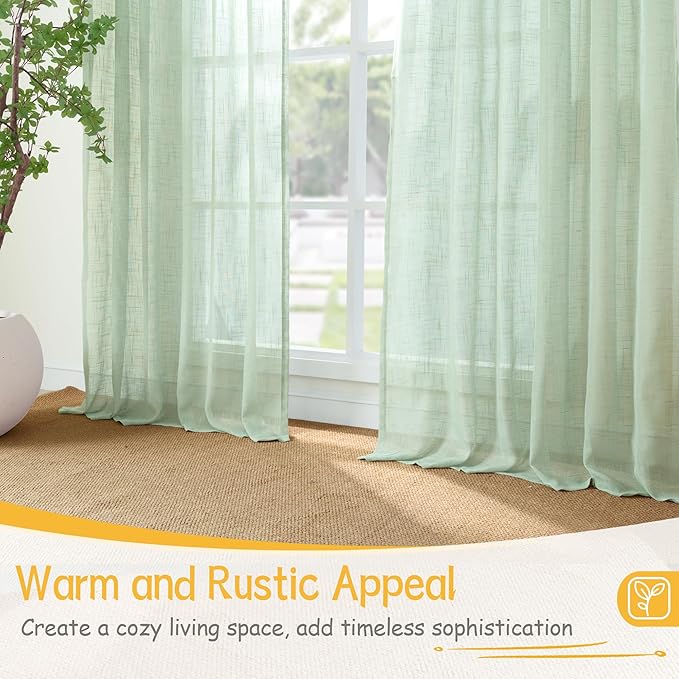 YoungsTex Sage Green Linen Curtains 40 Inch Length for Kitchen Window, Semi Sheer Drapes with Rod Pocket Back Tab Short Rustic Light Filtering for Cafe Bathroom Window, 2 Panels, 42 X 40 Inch