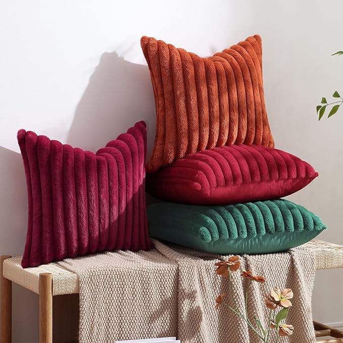 decorUhome Faux Fur Christmas Throw Pillow Covers 22x22 Set of 2, Decorative Soft Plush Striped Neutral Couch Euro Pillow Covers with Velvet Back for Sofa, Bed, Living Room Home Decor, Red