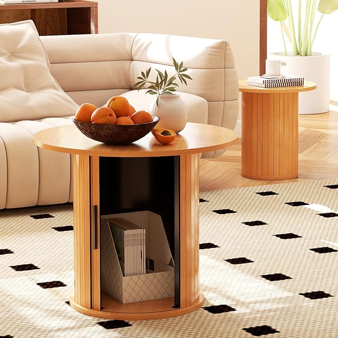 COSVALVE Round Wood Fluted End Table, 15.7” Circle Farmhouse Side Table Sets for Living Room, Bedroom, Balcony, Small Spaces, Natural