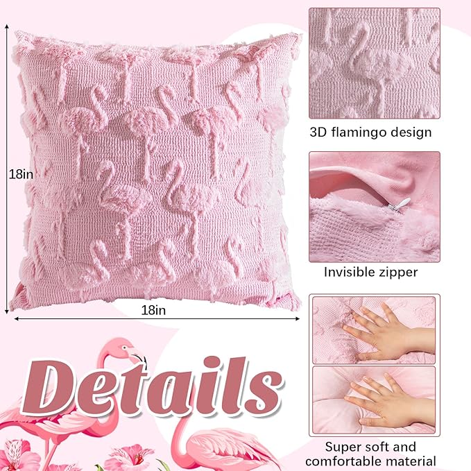 Set of 2 Flamingo Throw Pillow Covers 18x18 Inch Pink Flamingo 3D Protruding Throw Pillow Cases Soft Christmas Summer Couch Cushion Case for Home Sofa Room Decoration
