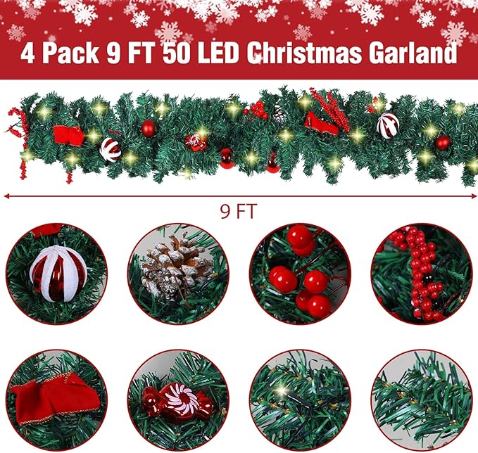 MorTime 4 Pack 9 FT LED Christmas Garland with Pinecones Red Berries Bows Christmas Balls Candies, Multi-Function Christmas Garland with 50 Warm White LED Lights, 180 Branch Tips