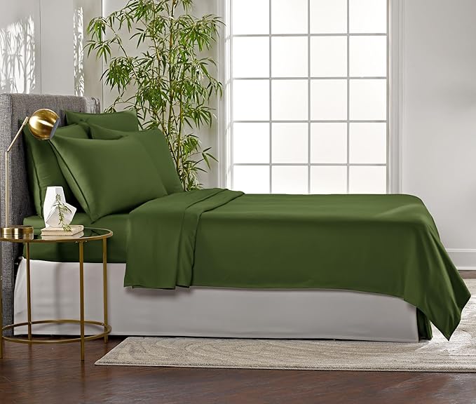 Queen Sheets by Pure Bamboo, Genuine 100% Organic Viscose Derived from Bamboo Bed Sheet Set, Luxuriously Soft & Cooling, Double Stitching, Lifetime Quality Promise (Queen, Pesto)