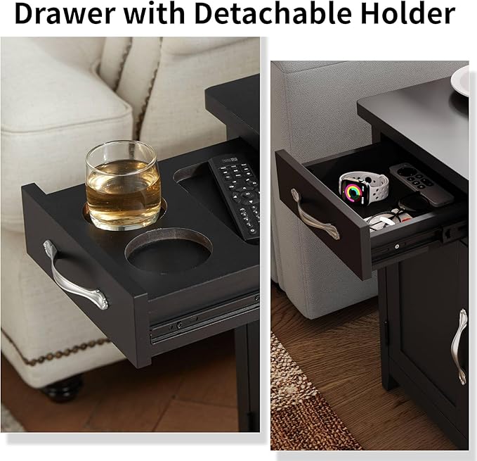 LINSY HOME End Table Set of 2 with Charging Station, Modern Farmhouse Side Table with Drawer, Wooden Narrow Bedside Table for Living Room, Slim Nightstand with Storage Cabinet, Black, Glass Door