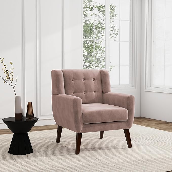 UIXE Velvet Accent Chairs Set of 2, Modern Arm Chair Mid-Century Living Room Armchair, Comfy Upholstered Button Tufted Reading Seat Bedroom Side Sitting, Skin Pink